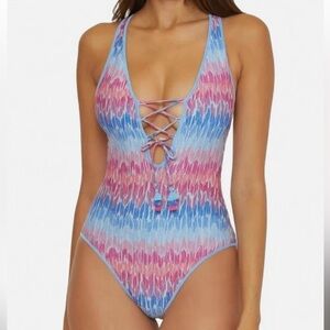 Becca Joshua Tree Corset One Piece Swimsuit In Multi Blue NWT Size Large